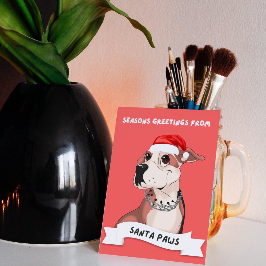 Pet Portraits | Seasons Greetings From Santa Paws Cartoon Greeting Cards | Paw & Glory