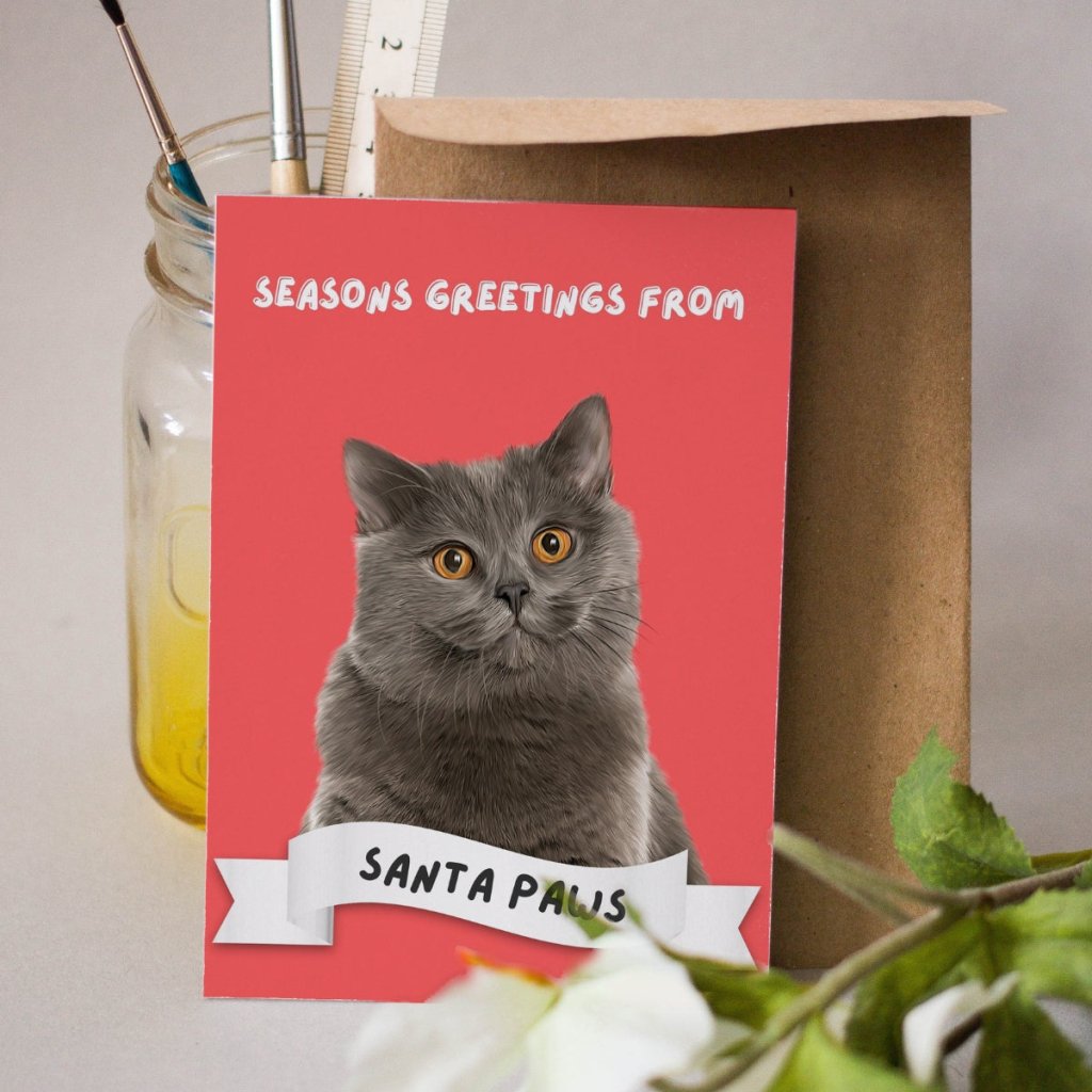 Pet Portraits | Seasons Greetings From Santa Paws Minimalist Greeting Cards | Paw & Glory