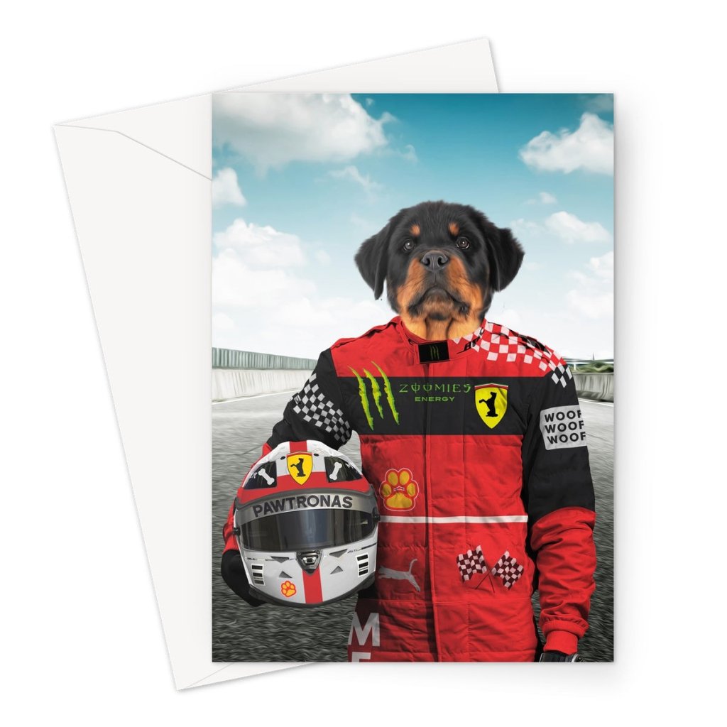 Pet Portraits | The Red Legendary Driver: Custom Pet Greeting Card | Paw & Glory