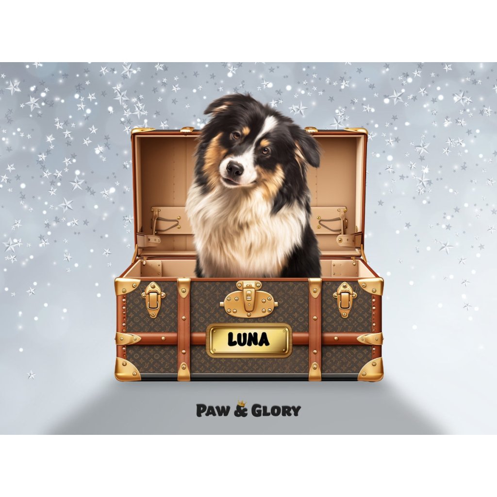 Pet Portraits | Woofy Vuitton Luxury Trunk: Custom Digital Download Pet Portrait | Paw & Glory