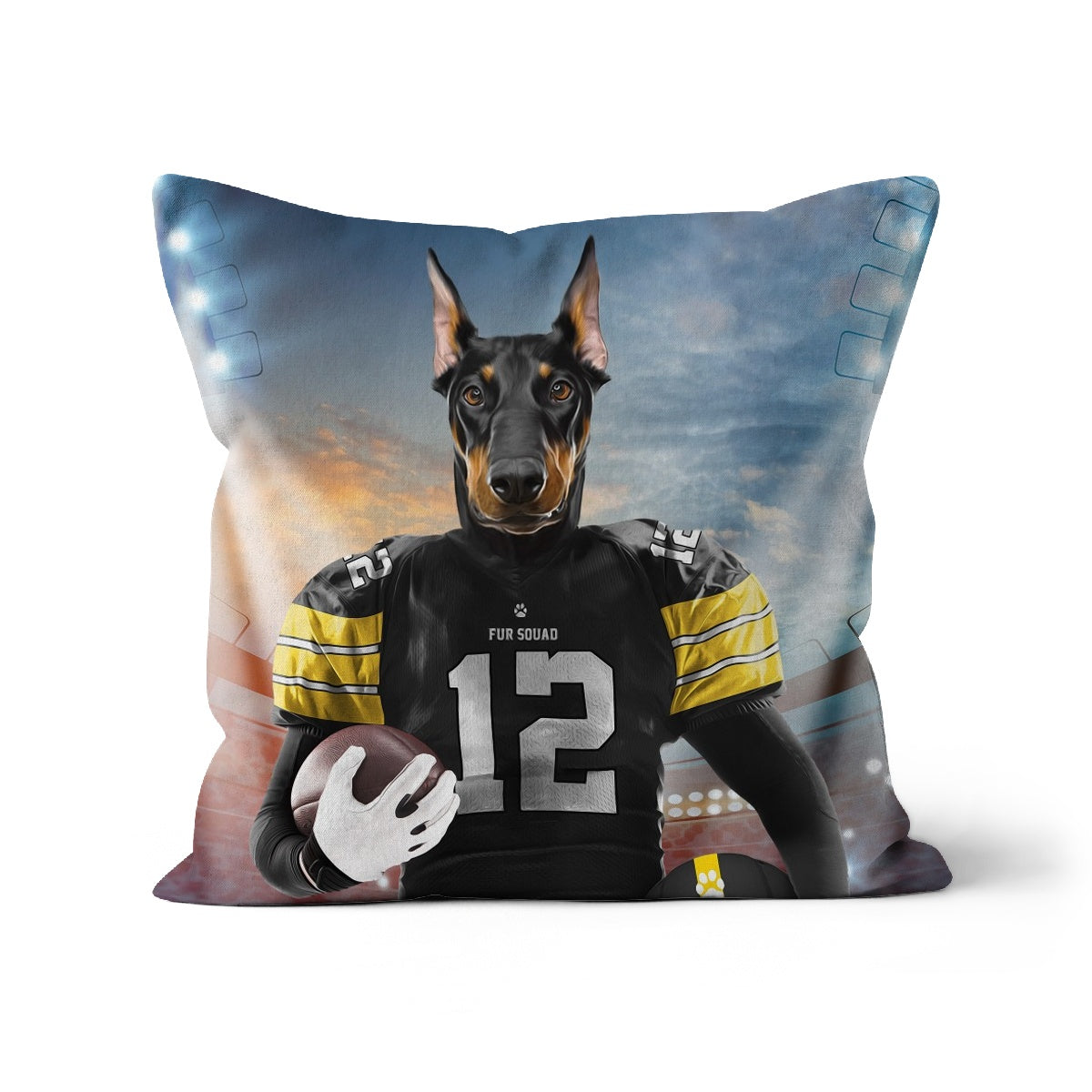 Muttsburgh Steeler Paw & Glory, paw and glory, pet pillow, pillow custom, Pet Portraits cushion, dog pillow custom, custom pet pillows, create your own pillow, customized throw pillows