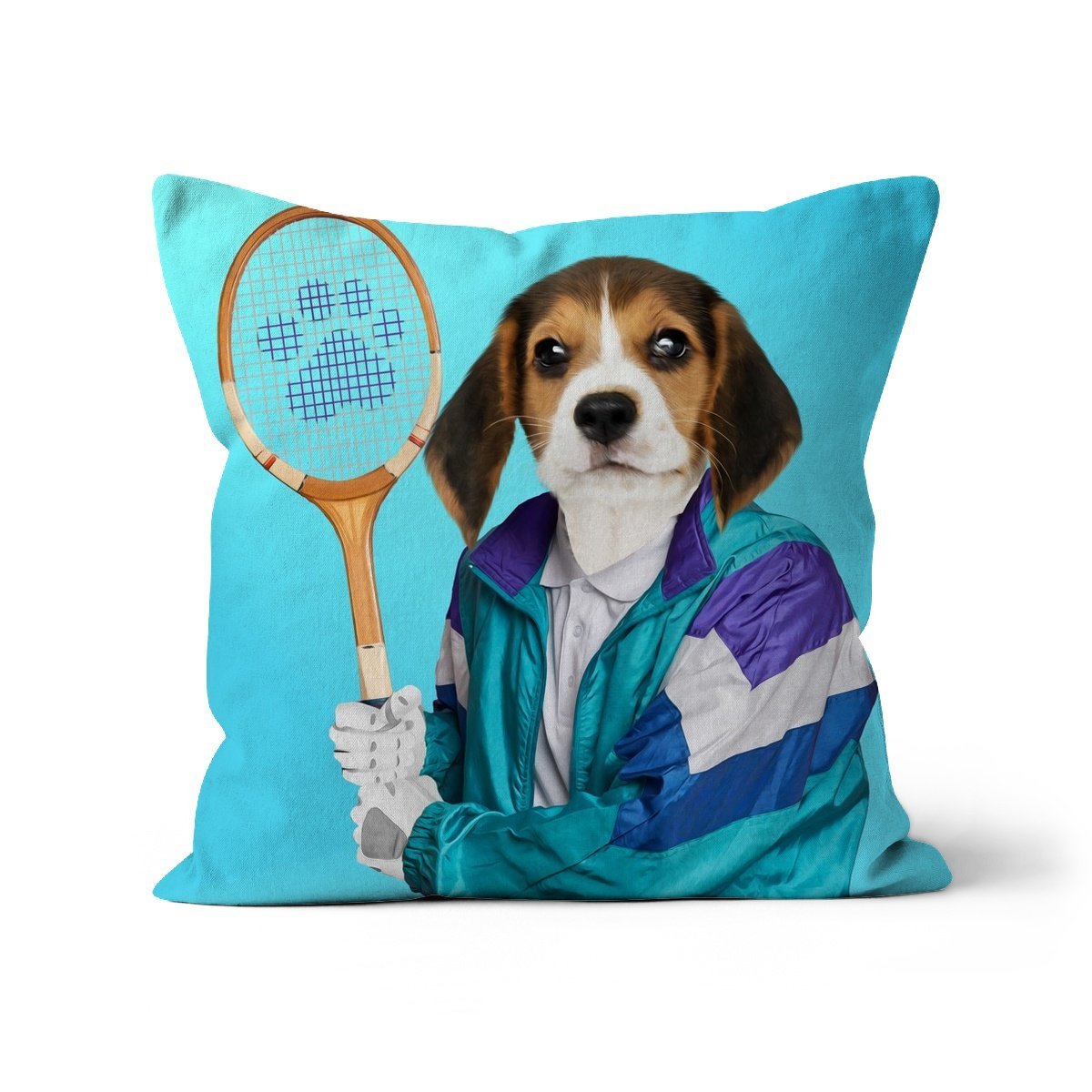 80s Tennis Champ: Custom Pet Cushion - Paw & Glory, dog portraits, pet portraits uk, paw & glory, custom pet portrait pillow,dog pillows personalized, pet face pillows, dog photo on pillow, custom cat pillows, pillow with pet picture