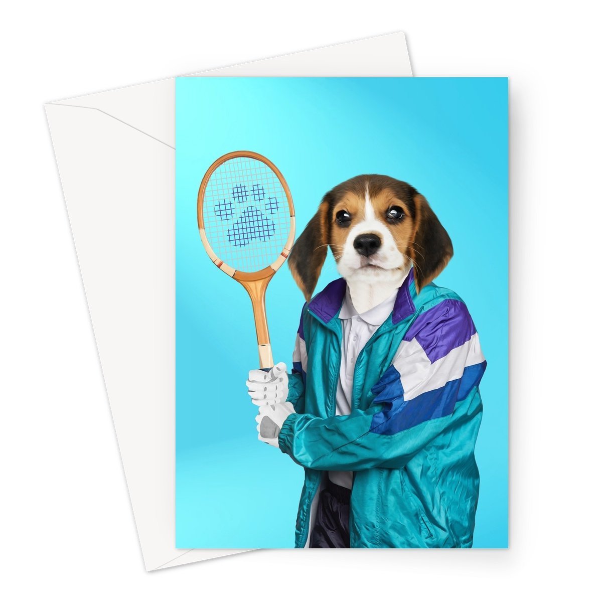 80s Tennis Champ: Custom Pet Greeting Card - Paw & Glory - pawandglory, dog canvas art, aristocratic dog portraits, funny dog paintings, my pet painting, pet portraits leeds,
