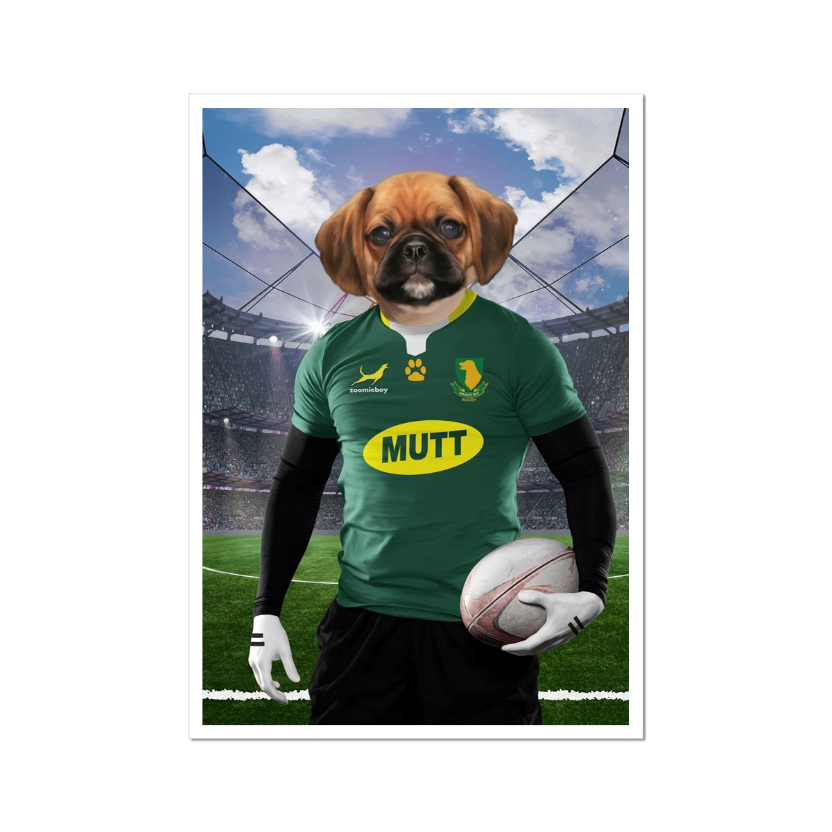 South Africa Rugby Team: Paw & Glory, pawandglory, minimal dog art, cat picture painting, pet photo clothing, the general portrait, dog portraits as humans, digital pet paintings, pet portraits