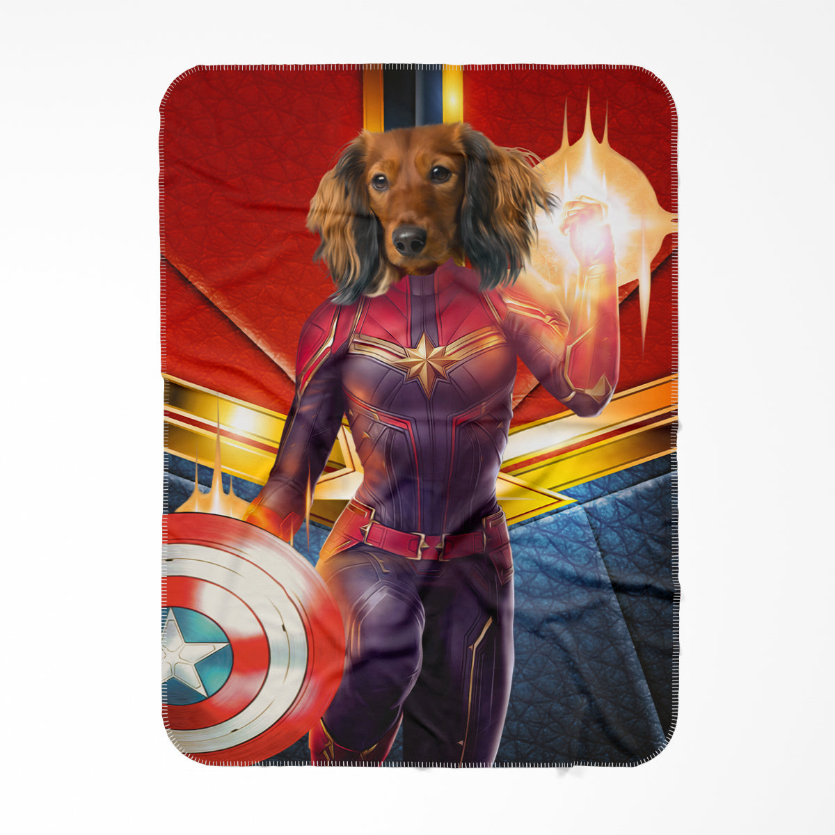 Captain Marvel: Custom Pet Blanket - Paw & Glory - #pet portraits# - #dog portraits# - #pet portraits uk#Paw and glory, Pet portraits blanket,dog fluffy blanket, personalised blankets for dogs, dog in blankets, dog printed blanket, put your dog's face on a blanket