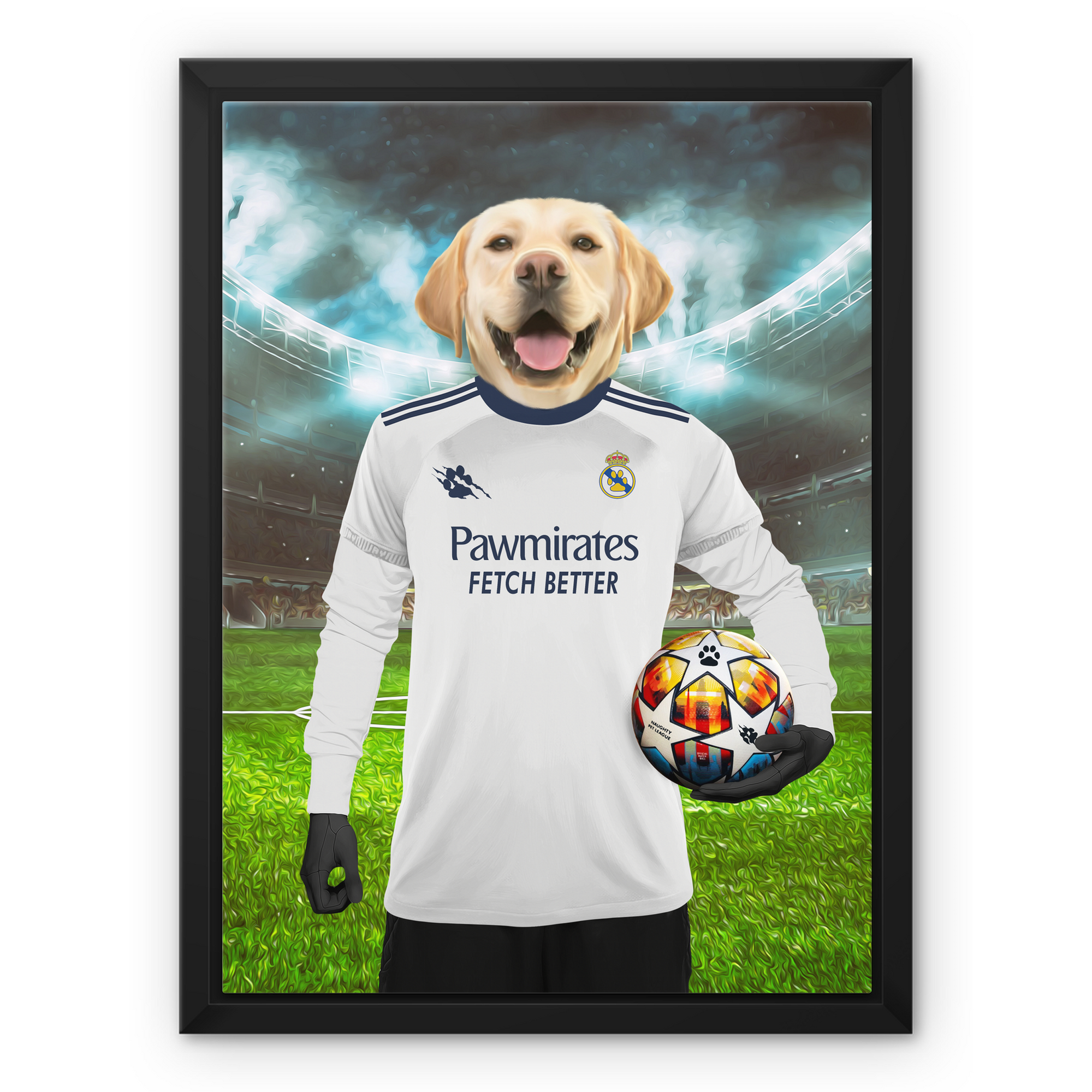 Real Pawdrid Football Club Paw & Glory, pawandglory, minimal dog art, cat picture painting, pet photo clothing, the general portrait, dog portraits as humans, digital pet paintings, pet portraits