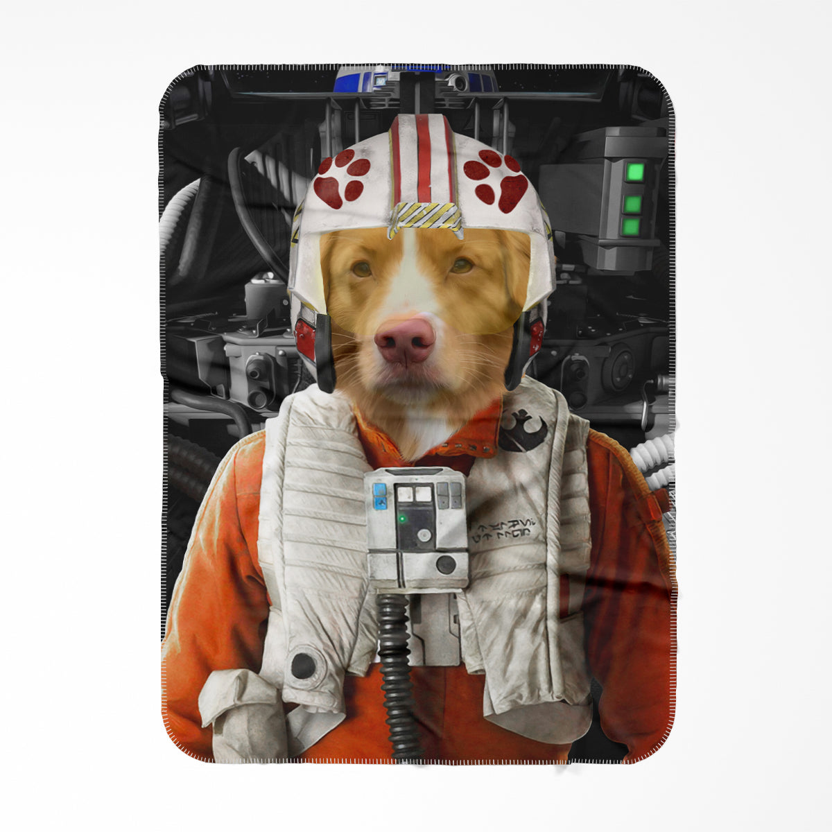 The Rebel Pilot (Star Wars Inspired) Paw & Glory, paw and glory, pet art blanket, pet canvas blanket, custom dog blanket with picture, pet picture on blanket, pet on a blanket, personalised dog head blanket, Pet Portrait blanket,