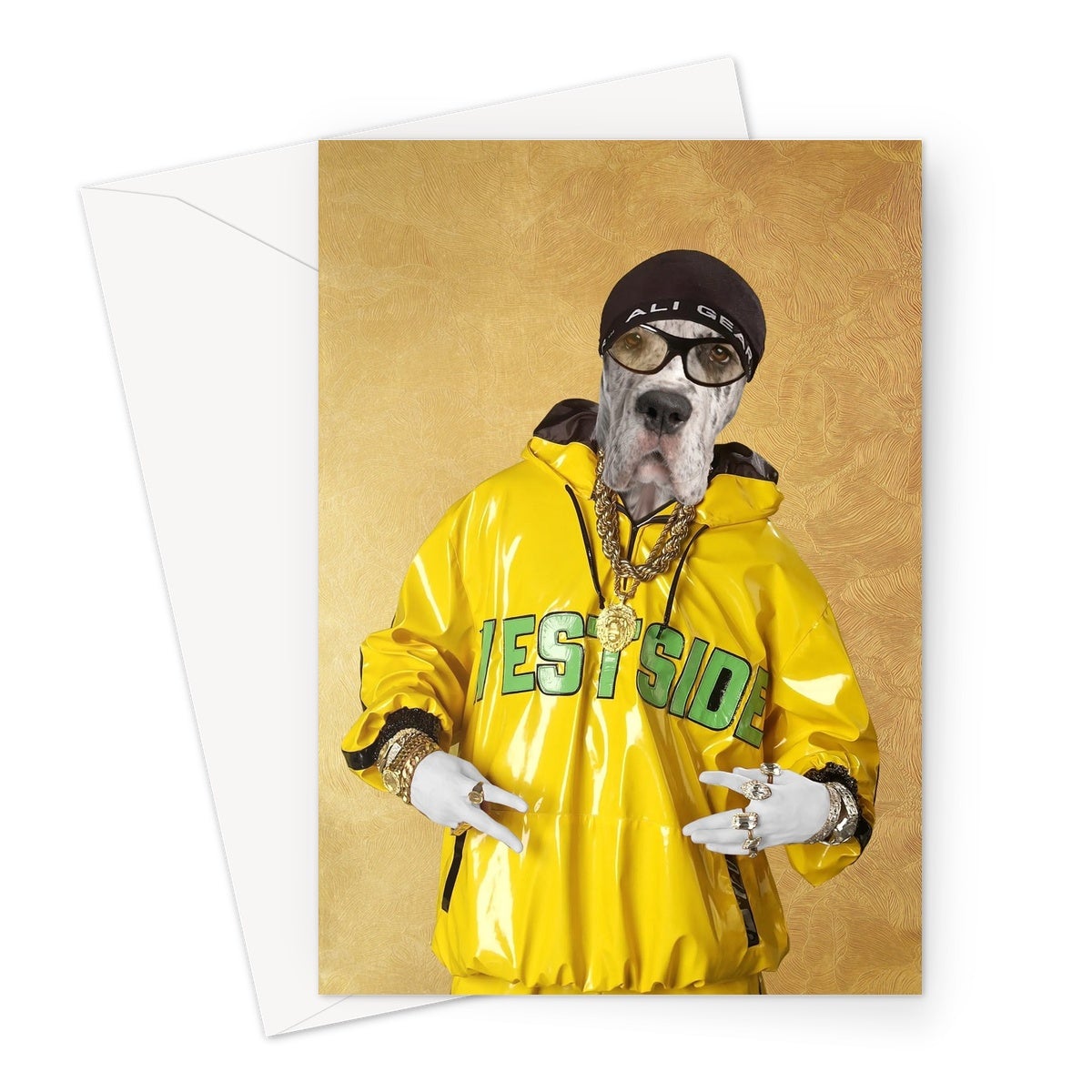 Ali G: Custom Pet Greeting Card - Paw & Glory - pawandglory, best dog paintings, dog portrait painting, custom pet painting, dog portraits as humans, aristocratic dog portraits, dog canvas art, pet portraits
