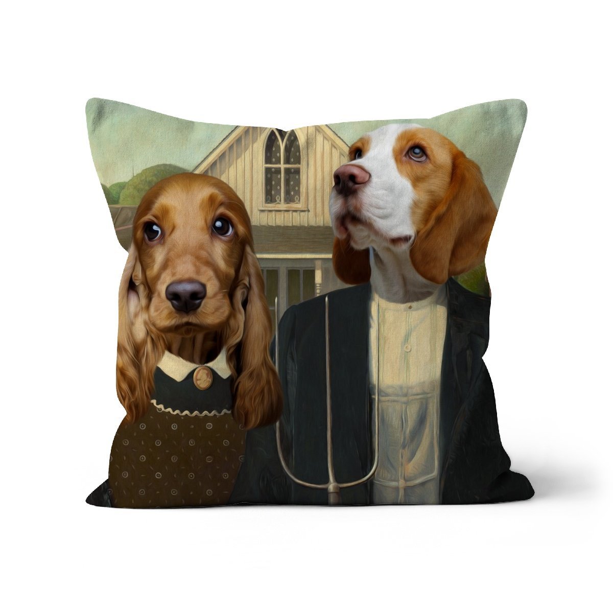 American Gothic: Custom Pet Cushion - Paw and Glory: dog pillows personalized, pet face pillows, dog photo on pillow, custom cat pillows, pillow with pet picture
