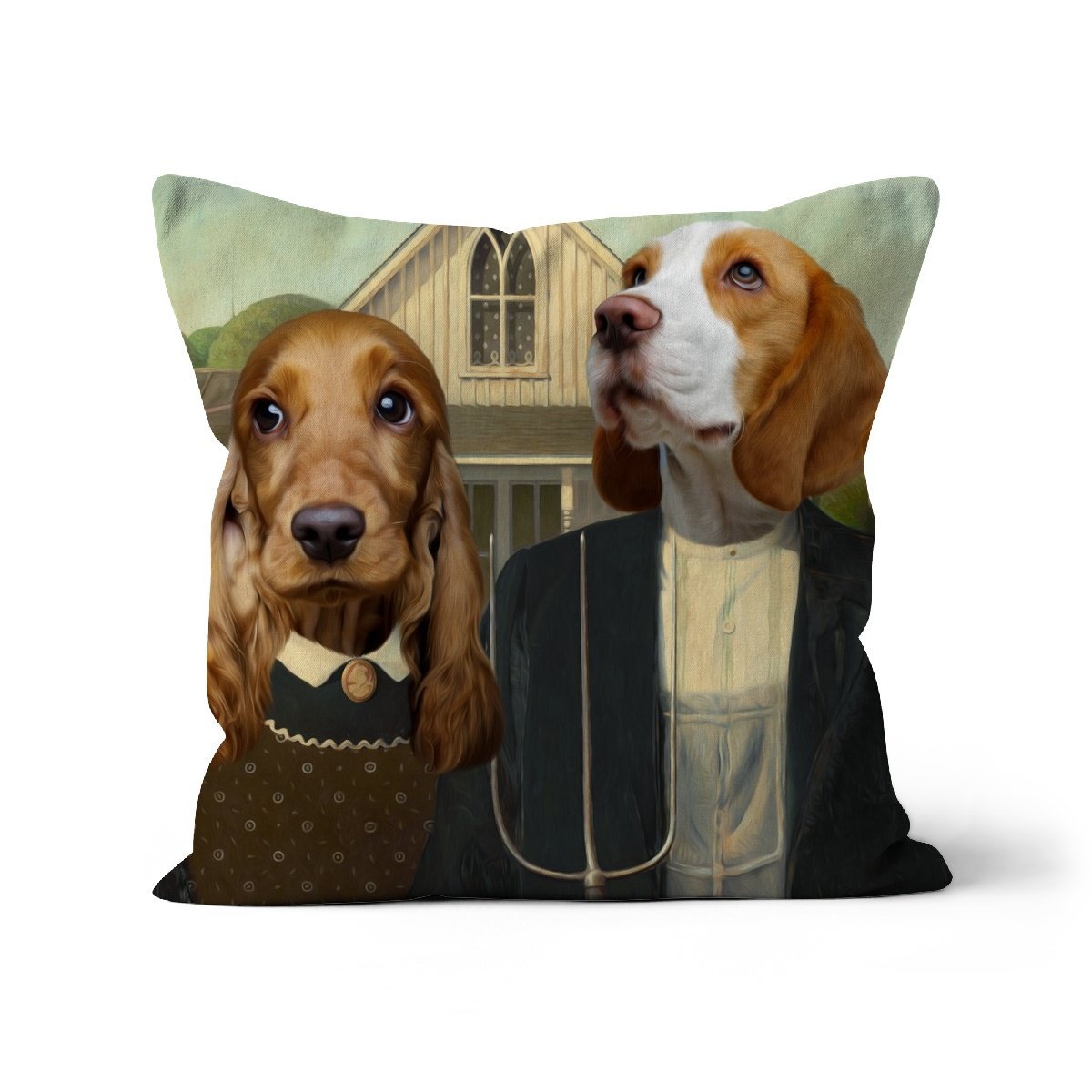 American Gothic: Custom Pet Cushion - Paw and Glory: dog pillows personalized, pet face pillows, dog photo on pillow, custom cat pillows, pillow with pet picture