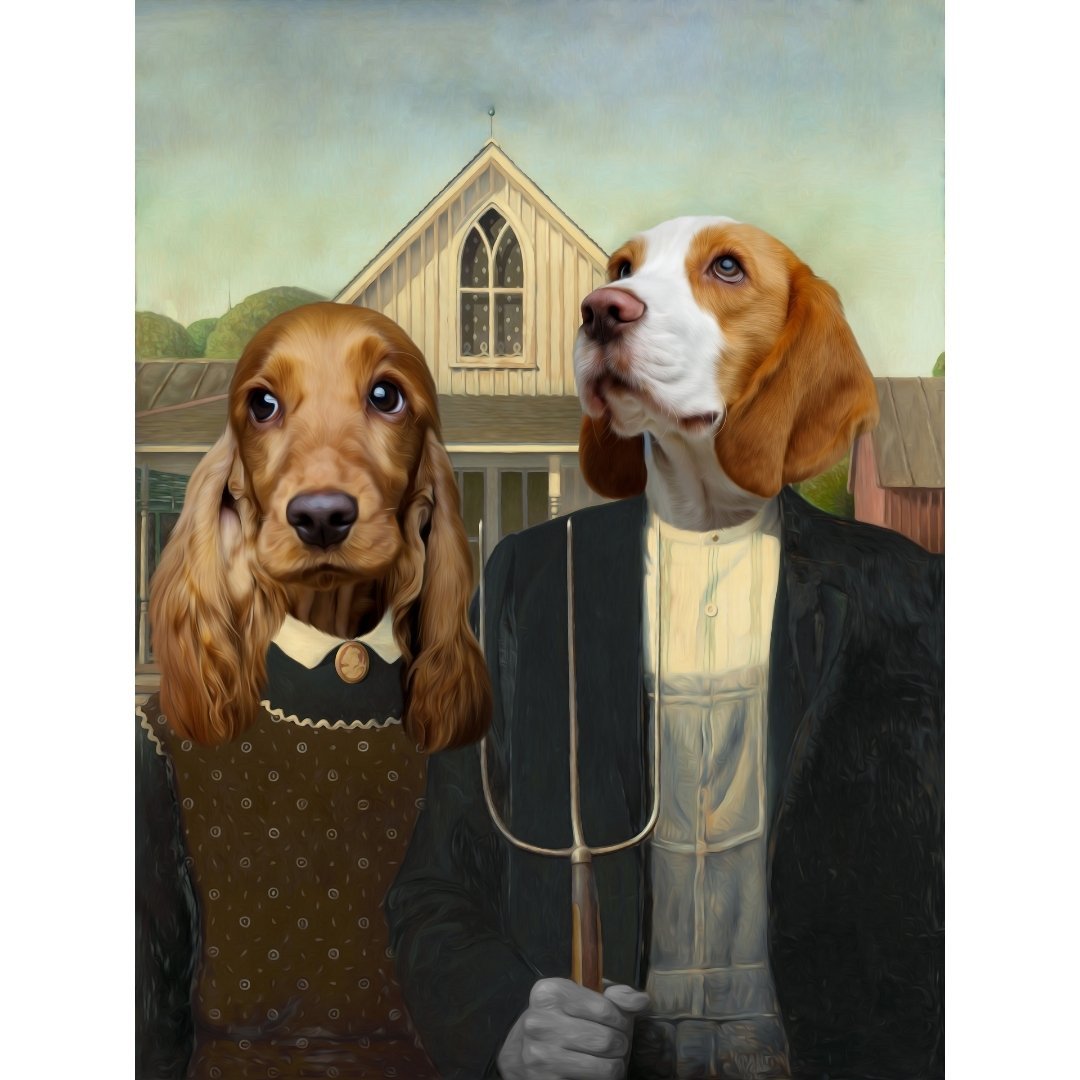 American Gothic: Custom Pet Digital Portrait - Paw & Glory, pawandglory, best dog paintings, dog portrait painting, custom pet painting, dog portraits as humans, aristocratic dog portraits, dog canvas art, pet portraits