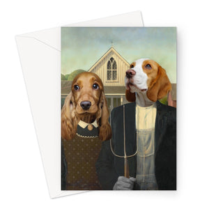 American Gothic: Custom Pet Greeting Card - Paw & Glory - paw and glory, animal portrait pictures, dog and owner portraits, best dog paintings, pet photo clothing, custom dog painting, painting of your dog, pet portraits