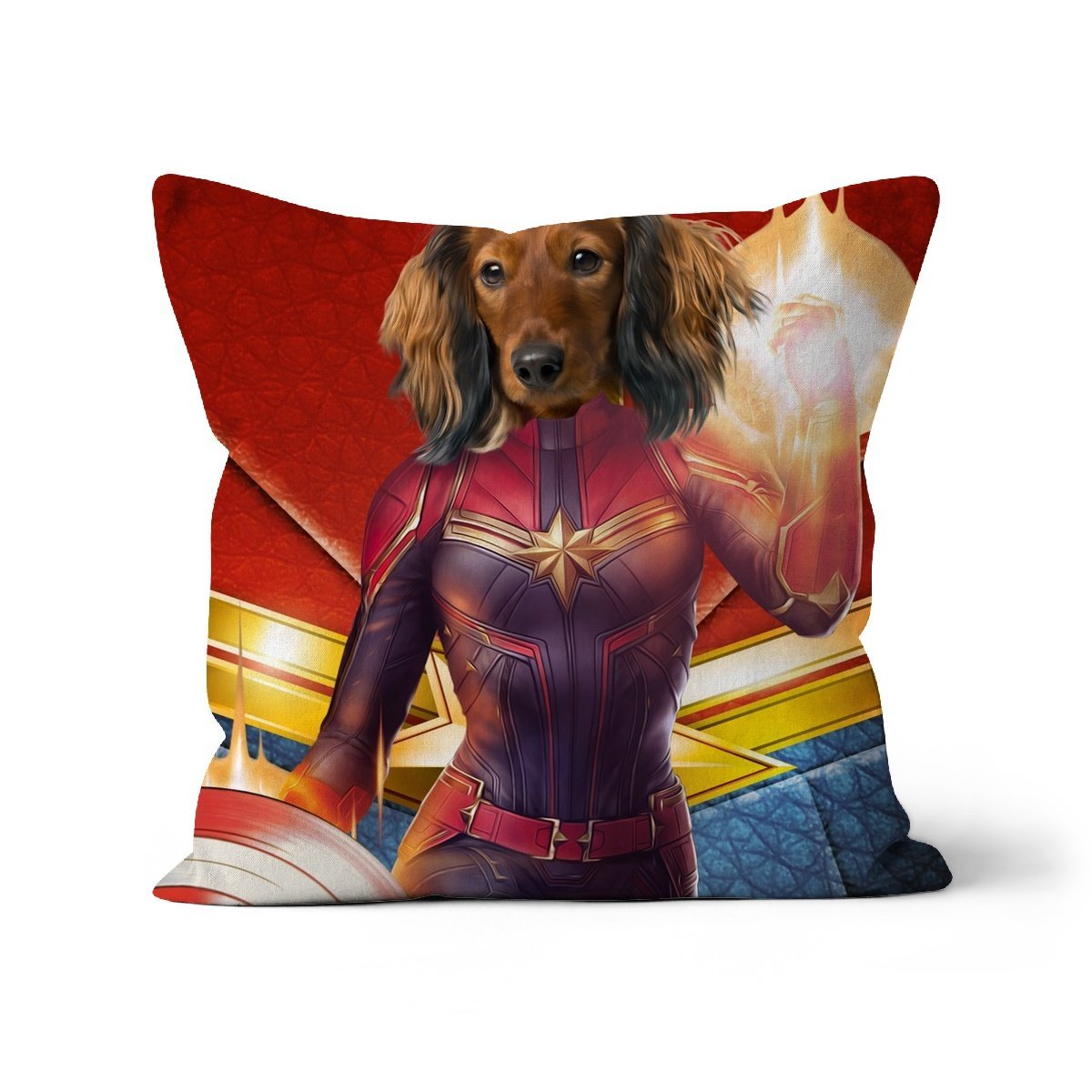 Captain Marvel: Custom Pet Cushion - Paw & Glory - #pet portraits# - #dog portraits# - #pet portraits uk#paw and glory, pet portraits cushion,custom pillow of your pet, print pet on pillow, personalised cat pillow, dog shaped pillows, custom pillow of pet