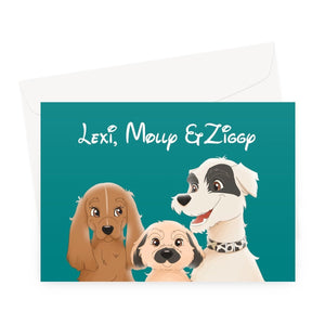 Cartoon: Custom 3 Pet Greeting Card - Paw & Glory - pawandglory, minimal dog art, best dog artists, dog portraits as humans, the general portrait, dog portraits admiral, pet portraits usa, pet portrait