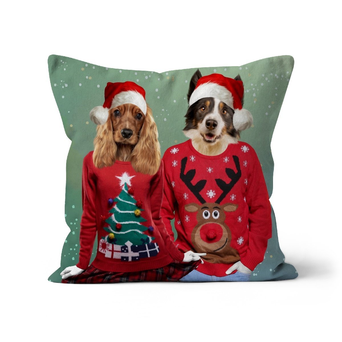Christmas Jumper Duo: Custom Pet Cushion - Paw & Glory - #pet portraits# - #dog portraits# - #pet portraits uk#paw & glory, pet portraits pillow,dog pillow custom, dog personalized pillow, custom pillow cover, pet face pillow, my pet pillow