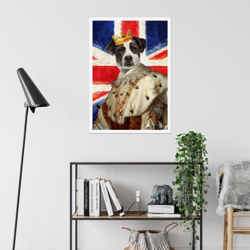 His Majesty British Flag: Custom Pet Poster - Paw & Glory - #pet portraits# - #dog portraits# - #pet portraits uk#Paw & Glory, paw and glory, funny dog paintings, louvenir pet portrait, dog portraits as humans, funny dog paintings, dog portrait background colors, hogwarts dog houses, pet portraits