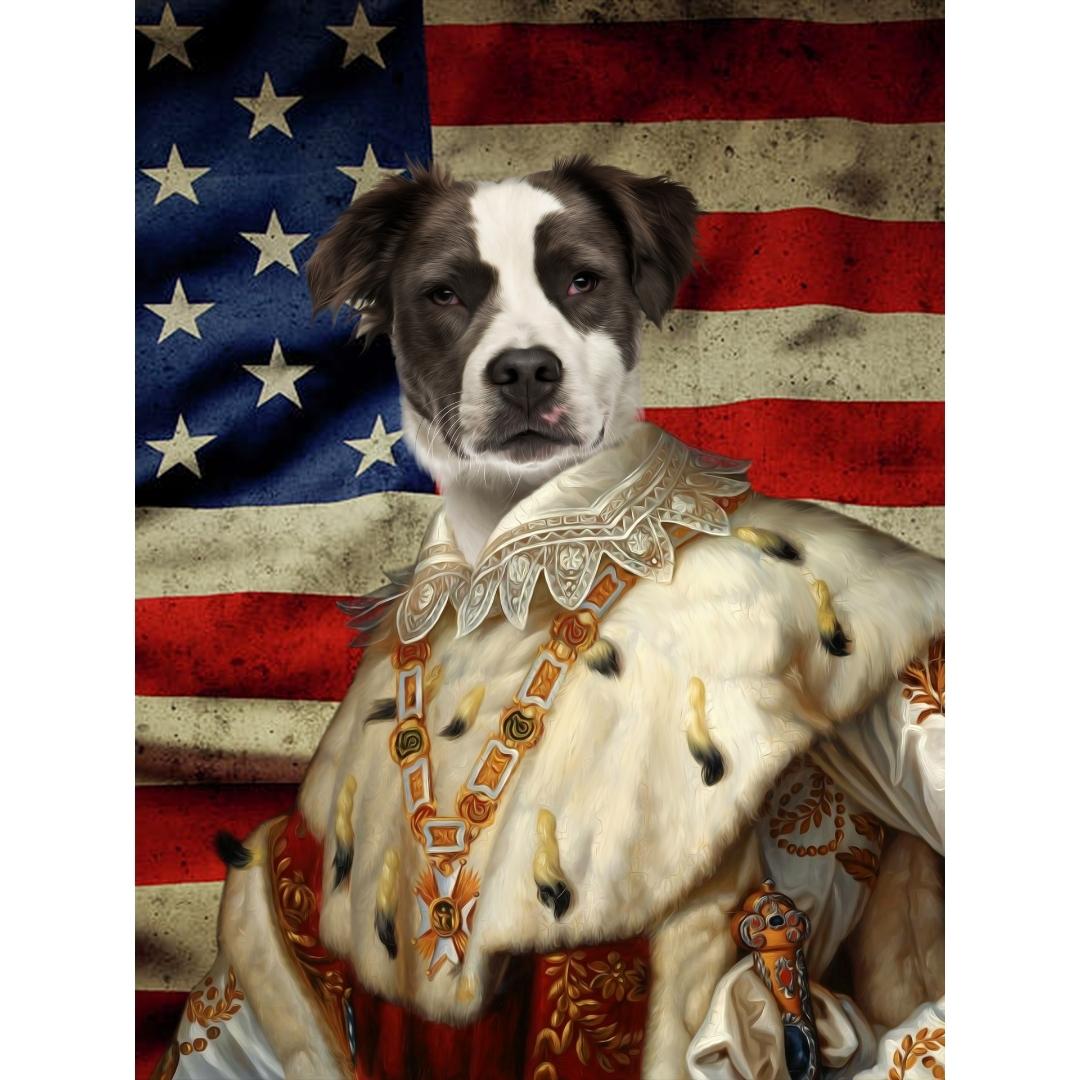His Majesty USA Flag: Custom Digital Pet Portrait - Paw & Glory, paw and glory, cat picture painting, pet portrait singapore, dog and couple portrait, dog astronaut photo, animal portrait pictures, professional pet photos, pet portraits