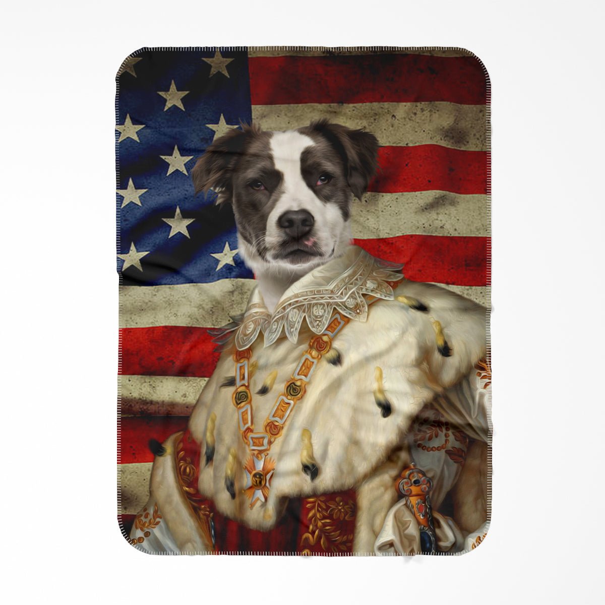 His Majesty USA Flag: Custom Pet Blanket - Paw & Glory - #pet portraits# - #dog portraits# - #pet portraits uk#Pawandglory, Pet art blanket,dog photo on blanket, fleece blanket with pet photo, blankets with your dog's face on them, custom dog portrait blanket, photo blanket pet