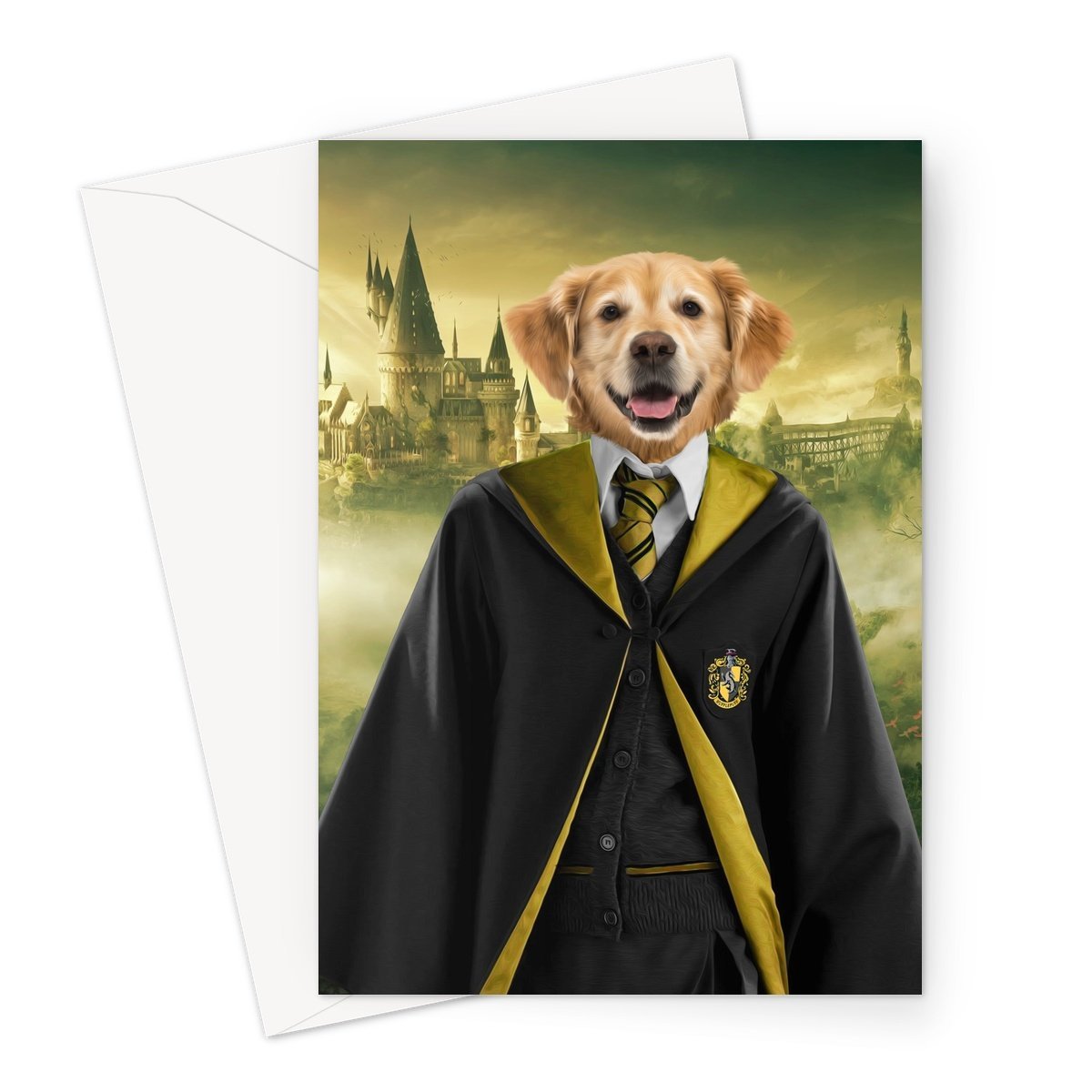 Hufflepuff (Harry Potter Inspired): Custom Pet Greeting Card - Paw & Glory - paw and glory, admiral pet portrait, best dog paintings, professional pet photos, painting of your dog, best dog paintings, drawing pictures of pets, pet portrait