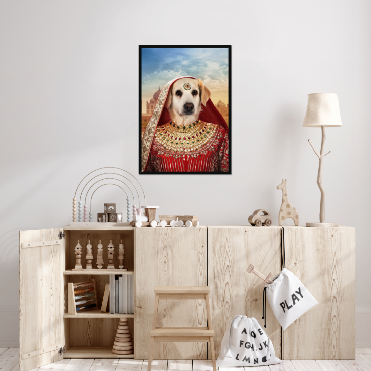 The Indian Rani: Custom Framed Pet Portrait - Paw & Glory, paw and glory, pet portraits victorian, cats in uniform, jedi dog portrait, painted dog canvas, framed pet portrait, pet pictures royal, pet portrait