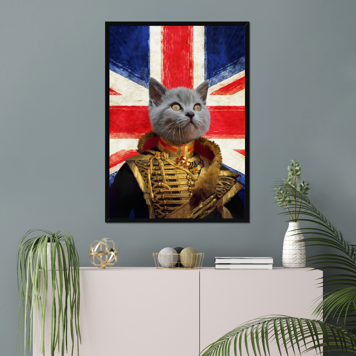 The Colonel British Flag Edition: Custom Pet Portrait - Paw & Glory, paw and glory, pet portraits in oils, admiral dog portrait, small dog portrait, custom pet paintings, hogwarts dog houses, for pet portraits, pet portrait