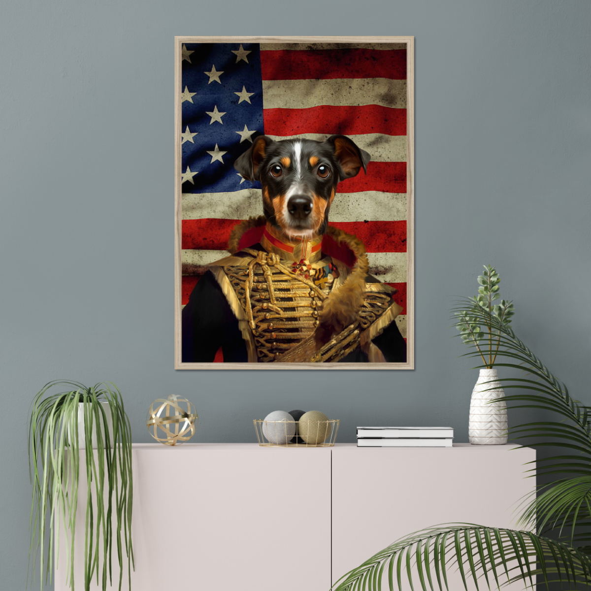 The Colonel USA Flag Edition: Custom Pet Portrait - Paw & Glory, paw and glory, funny dog paintings, drawing pictures of pets, dog portraits singapore, minimal dog art, pet photo clothing, animal portrait pictures, pet portrait
