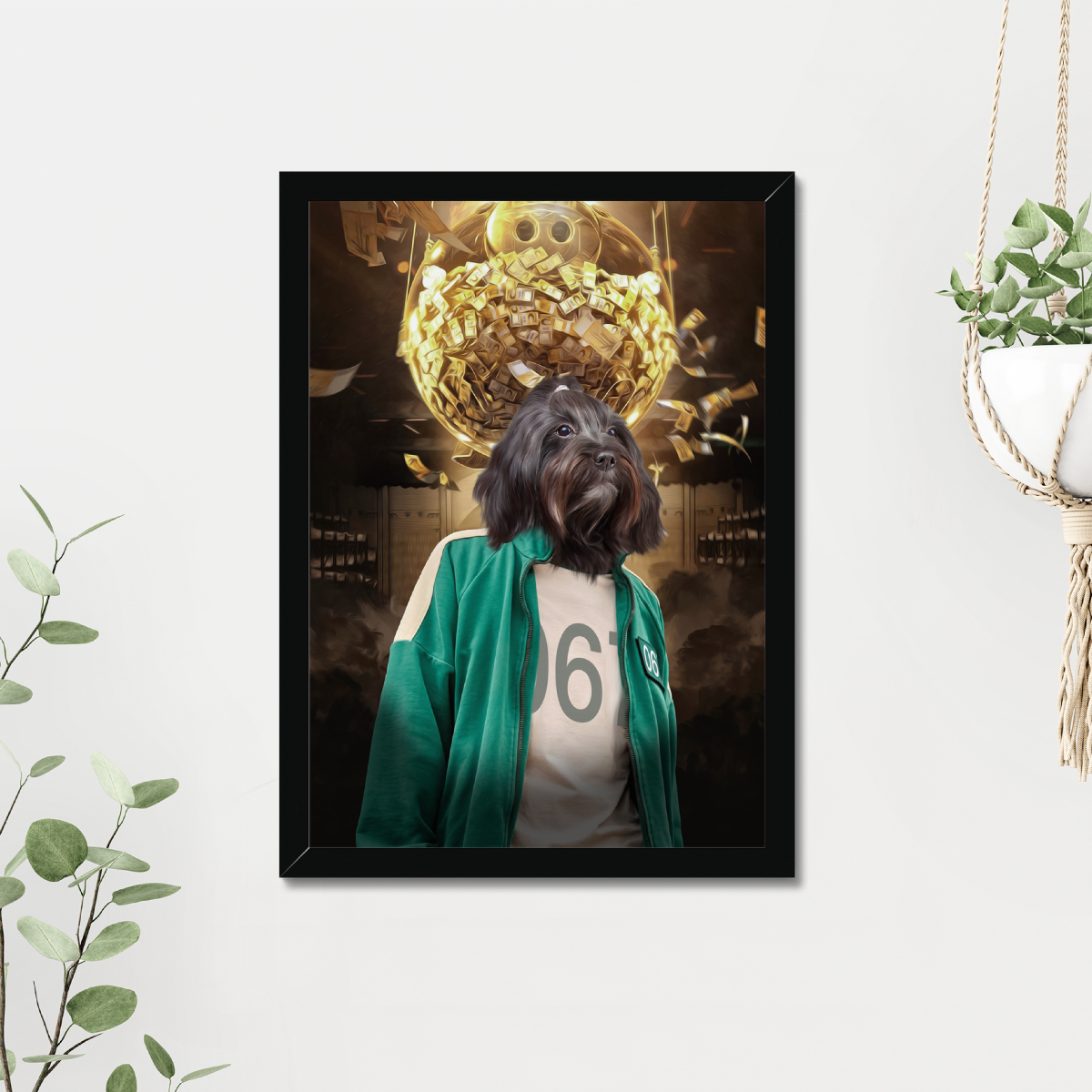 Player 067 (Squid Games Inspired): Custom Pet Portrait - Paw & Glory, pawandglory, dog portrait images, aristocrat dog painting, drawing pictures of pets, admiral pet portrait, dog portrait background colors, cat picture painting, pet portrait