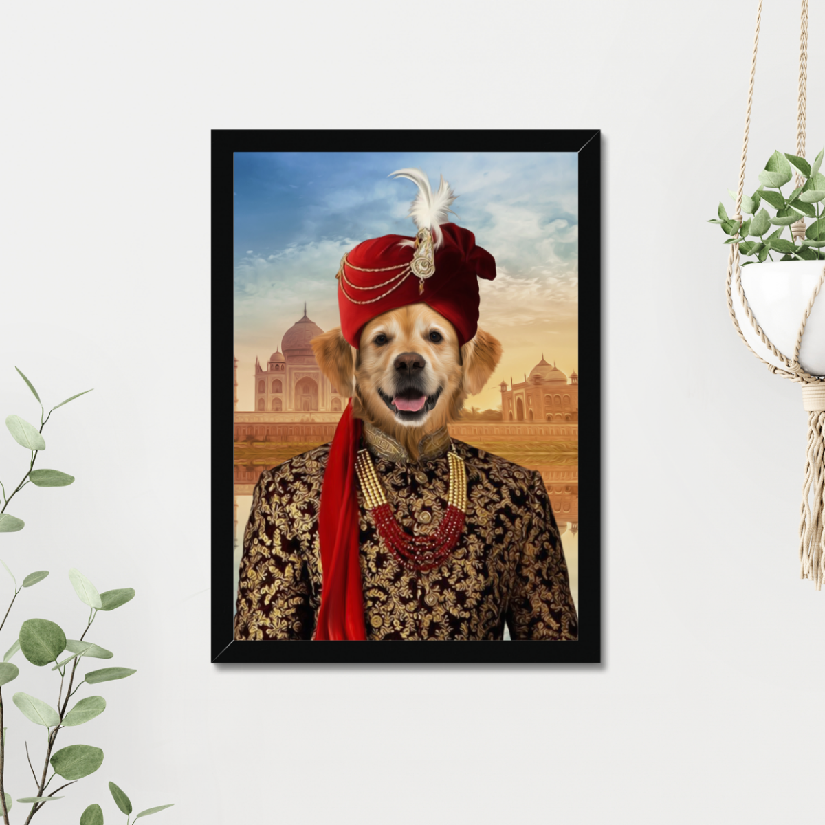 The Indian Raja: Custom Framed Pet Portrait - Paw & Glory, paw and glory, custom pet portraits near me, bespoke pet portraits, animal human portraits, painting of your dog, dog photo canvas, turn dog photo into art, pet portrait
