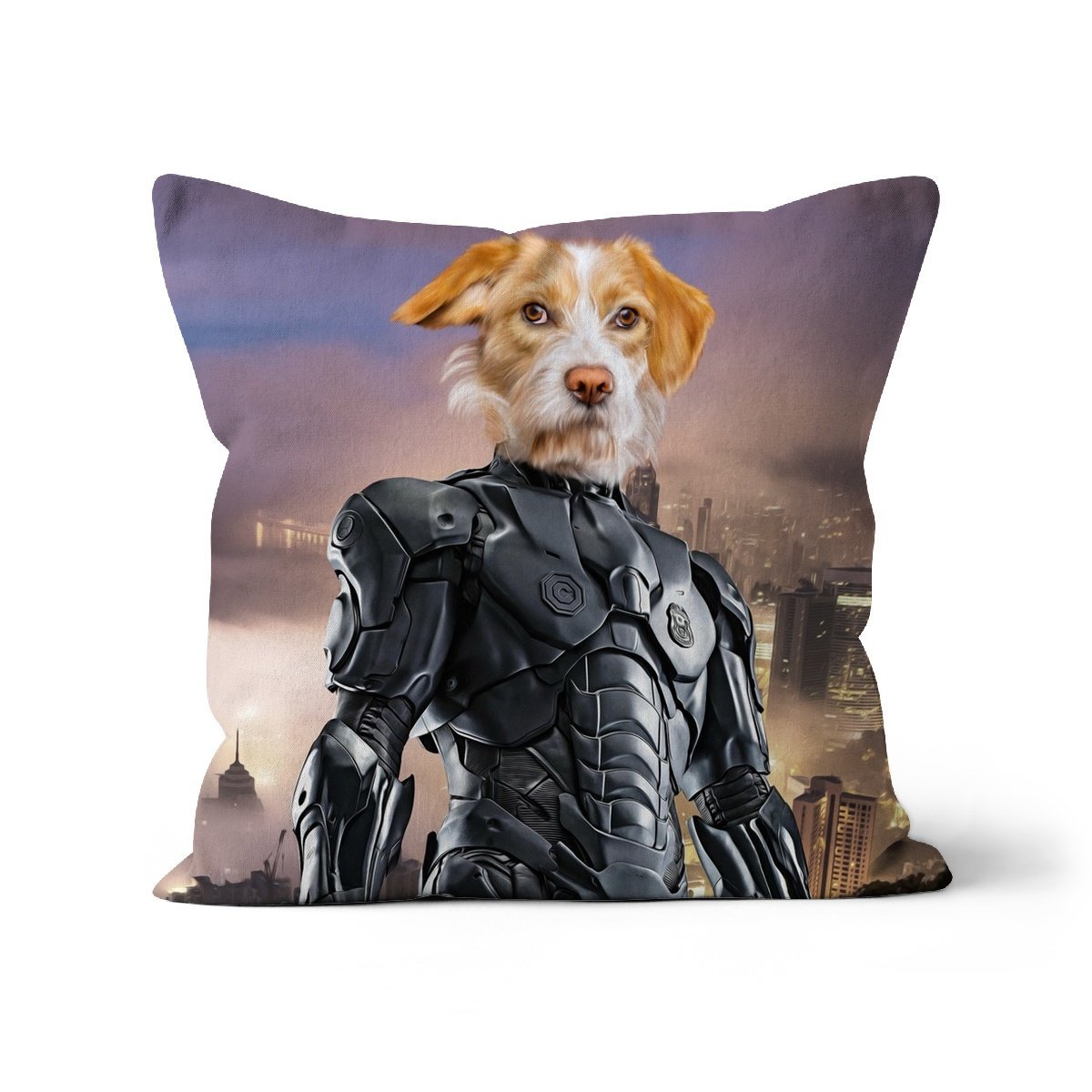 RoboPup (RoboCop Inspired): Custom Pet Cushion - Paw & Glory - #pet portraits# - #dog portraits# - #pet portraits uk#paw and glory, pet portraits cushion,pup pillows, pillows of your dog, pillow personalized, print pet on pillow, pet face pillow