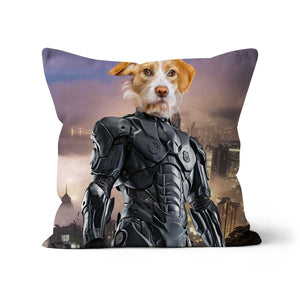 RoboPup (RoboCop Inspired): Custom Pet Cushion - Paw & Glory - #pet portraits# - #dog portraits# - #pet portraits uk#pawandglory, pet art pillow,pet print pillow, photo pet pillow, pet custom pillow, custom cat pillows, dog pillows personalized