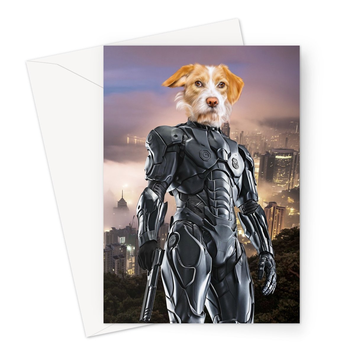 RoboPup (RoboCop Inspired): Custom Pet Greeting Card - Paw & Glory - pawandglory, dog and couple portrait, custom pet paintings, pet portrait singapore, cat picture painting, custom pet painting, paintings of pets from photos, pet portrait