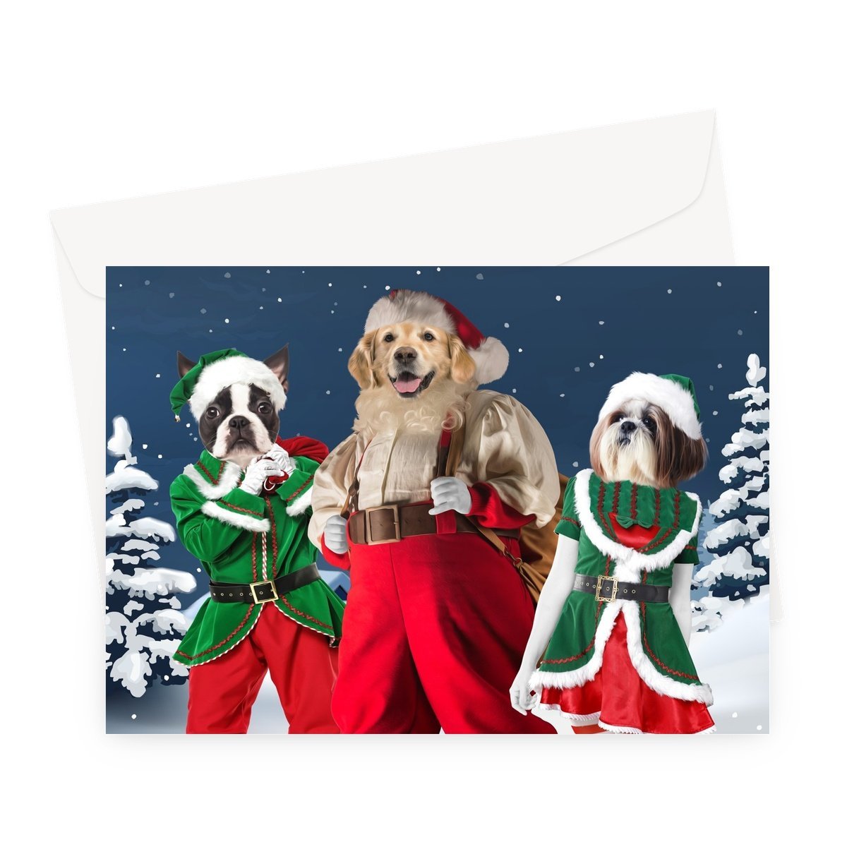Santa & His Elves: Custom Pet Greeting Card - Paw & Glory - pawandglory, dog and couple portrait, digital dog portraits, admiral dog portrait, cat picture painting, hogwarts dog houses, custom dog painting, pet portrait