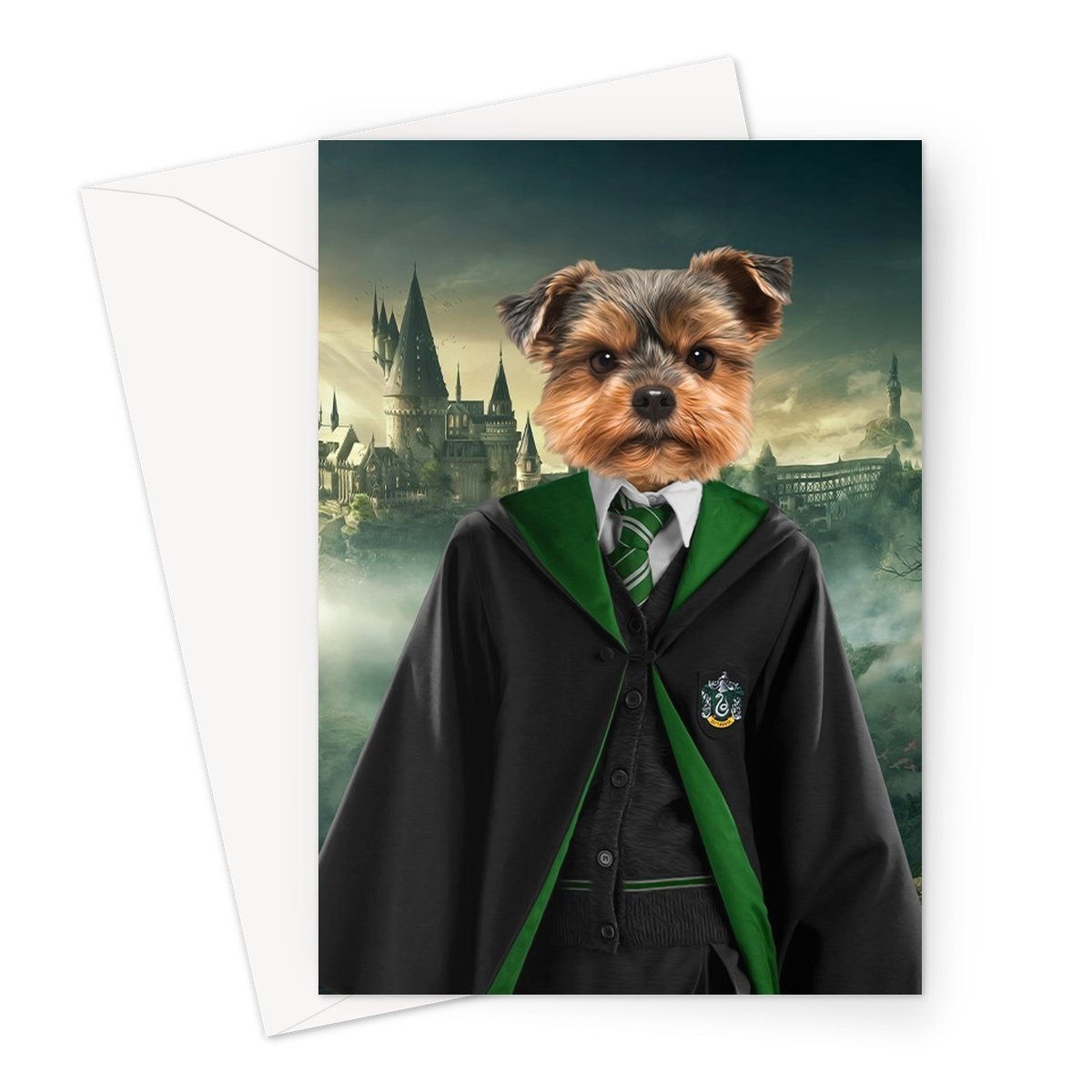 Slytherin (Harry Potter Inspired): Custom Pet Greeting Card - Paw & Glory - paw and glory, dog portrait background colors, in home pet photography, painting pets, draw your pet portrait, painting of your dog, paintings of pets from photos, pet portrait