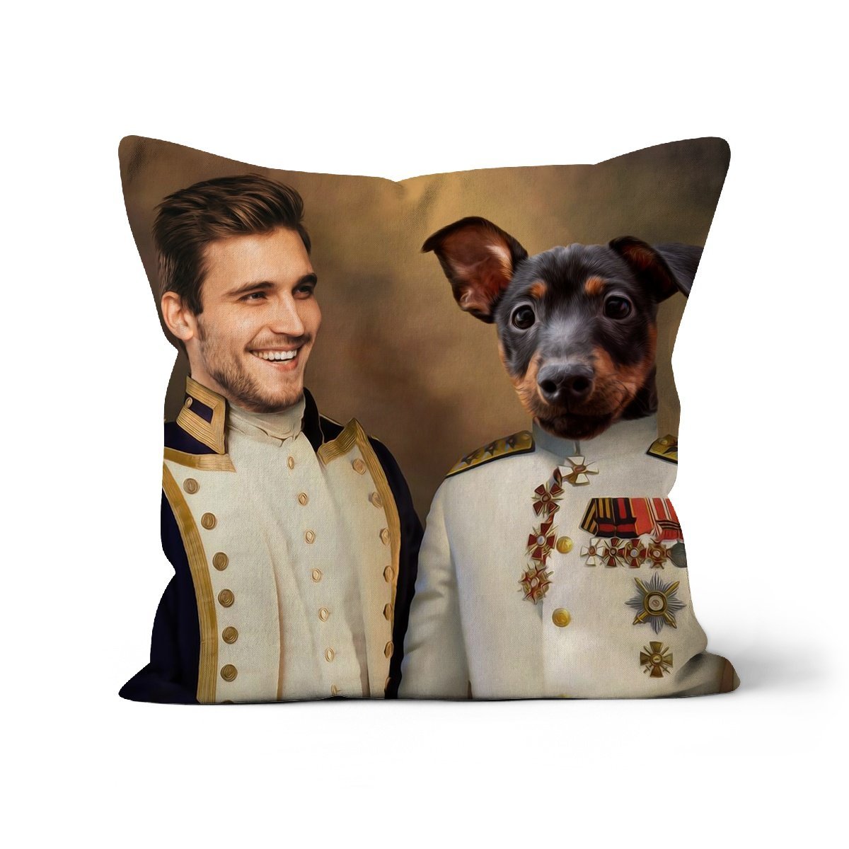 The Admiral & The Sargent: Pet & Owner Cushion - Paw & Glory - #pet portraits# - #dog portraits# - #pet portraits uk#paw & glory, custom pet portrait pillow,dog pillows personalized, pet face pillows, dog photo on pillow, custom cat pillows, pillow with pet picture
