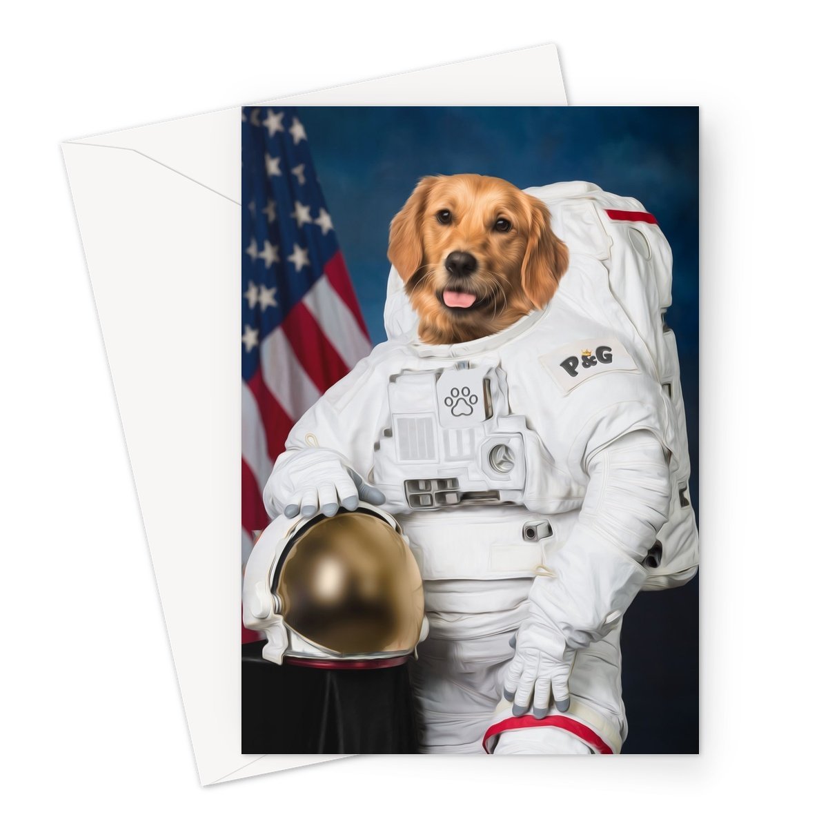 The Astronaut: Custom Pet Greeting Card - Paw & Glory - paw and glory, pictures for pets, custom pet paintings, dog portrait painting, funny dog paintings, dog portrait painting, the general portrait, pet portraits