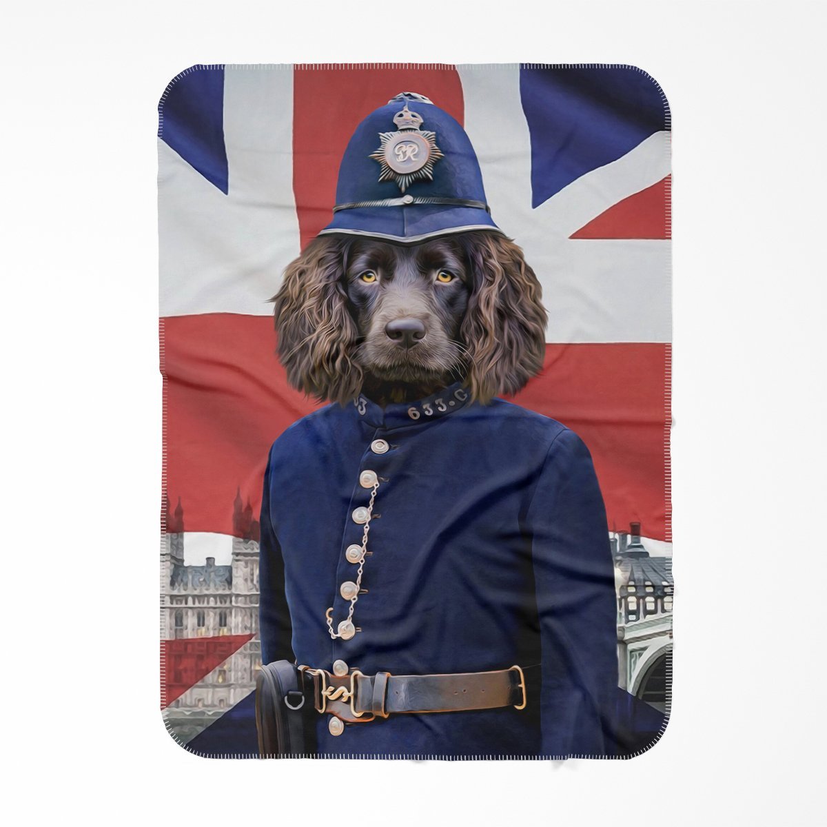 The British Police Officer: Custom Pet Blanket - Paw & Glory - #pet portraits# - #dog portraits# - #pet portraits uk#Pawandglory, Pet art blanket,personalized blanket dog, blanket with dogs face on it, your cat on a blanket, blanket with my dog on it, personalized dog fleece blankets