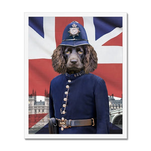 The British Police Officer: Custom Framed Pet Portrait - Paw & Glory, paw and glory, admiral pet portrait, custom pet paintings, animal portrait pictures, painting of your dog, hogwarts dog houses, aristocratic dog portraits, pet portraits