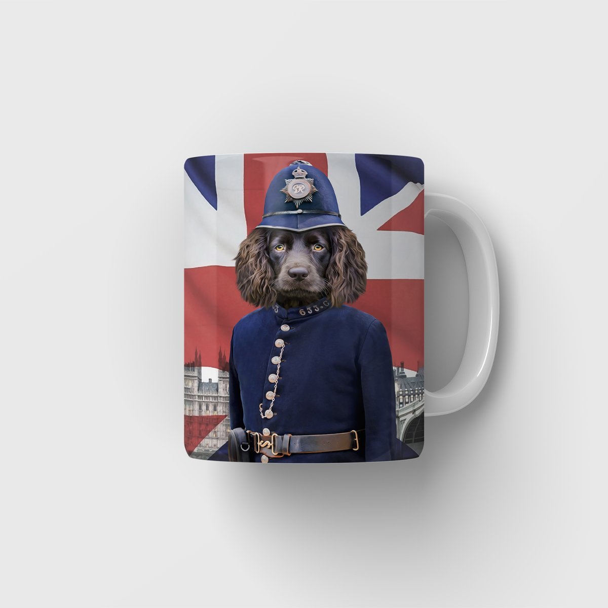 The British Police Officer: Custom Pet Mug - Paw & Glory - #pet portraits# - #dog portraits# - #pet portraits uk#pawandglory, pet art Mug,picture in coffee mug, gift mug with photo, photo in coffee mug, dog coffee mugs personalized, mug dog