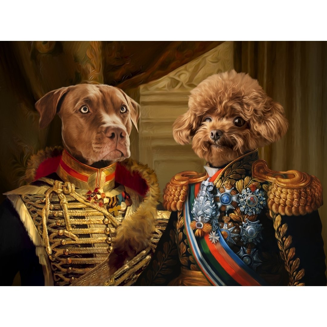 The Brothers In Arms: Custom Digital Pet Portrait - Paw & Glory, paw and glory, dog portraits singapore, professional pet photos, pet portrait admiral, dog portraits as humans, dog portrait background colors, funny dog paintings, pet portraits