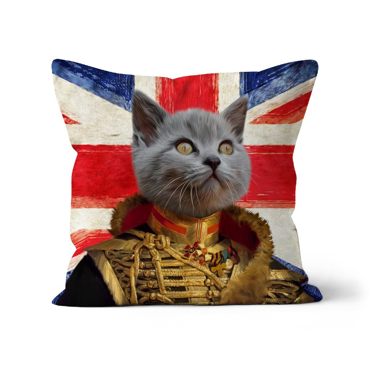 The Colonel British Flag Edition: Custom Pet Cushion - Paw & Glory - #pet portraits# - #dog portraits# - #pet portraits uk#paw and glory, custom pet portrait cushion,dog on pillow, pet print pillow, print pet on pillow, custom cat pillows, pet face pillow