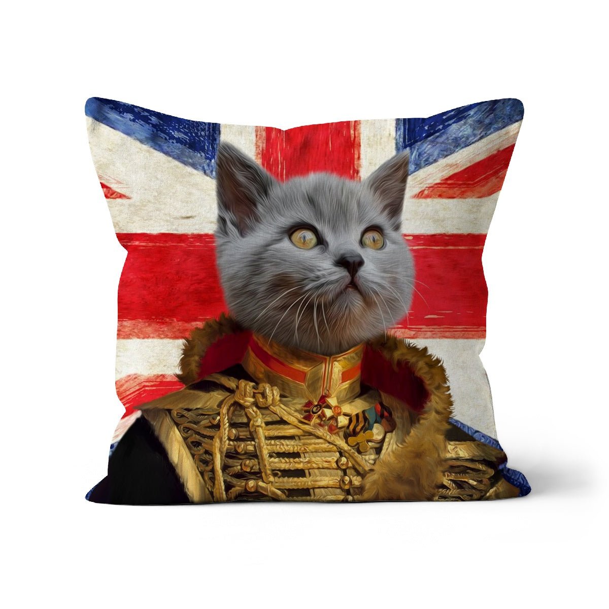 The Colonel British Flag Edition: Custom Pet Cushion - Paw & Glory - #pet portraits# - #dog portraits# - #pet portraits uk#paw and glory, custom pet portrait cushion,dog on pillow, pet print pillow, print pet on pillow, custom cat pillows, pet face pillow