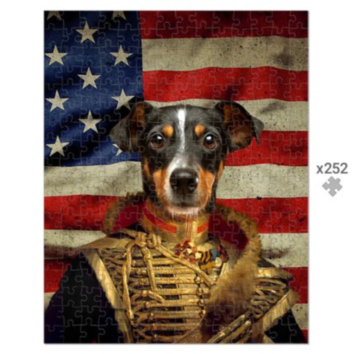 The Colonel USA Flag Edition: Custom Pet Puzzle - Paw & Glory - #pet portraits# - #dog portraits# - #pet portraits uk#paw & glory, custom pet portrait Puzzle,personalised pet painting, dog portrait print, dog in clothes portrait, cat royal portrait, custom dog portraits uk