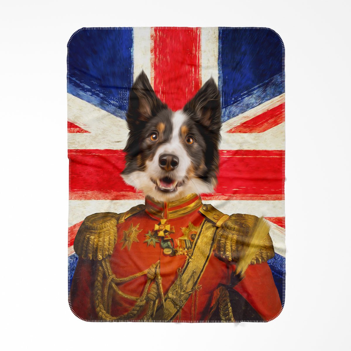 The Duke British Flag Edition: Custom Pet Blanket - Paw & Glory - #pet portraits# - #dog portraits# - #pet portraits uk#Pawandglory, Pet art blanket,pet on a blanket, custom pet fleece blanket, animal face on blanket, blanket for my dog, blanket dog face