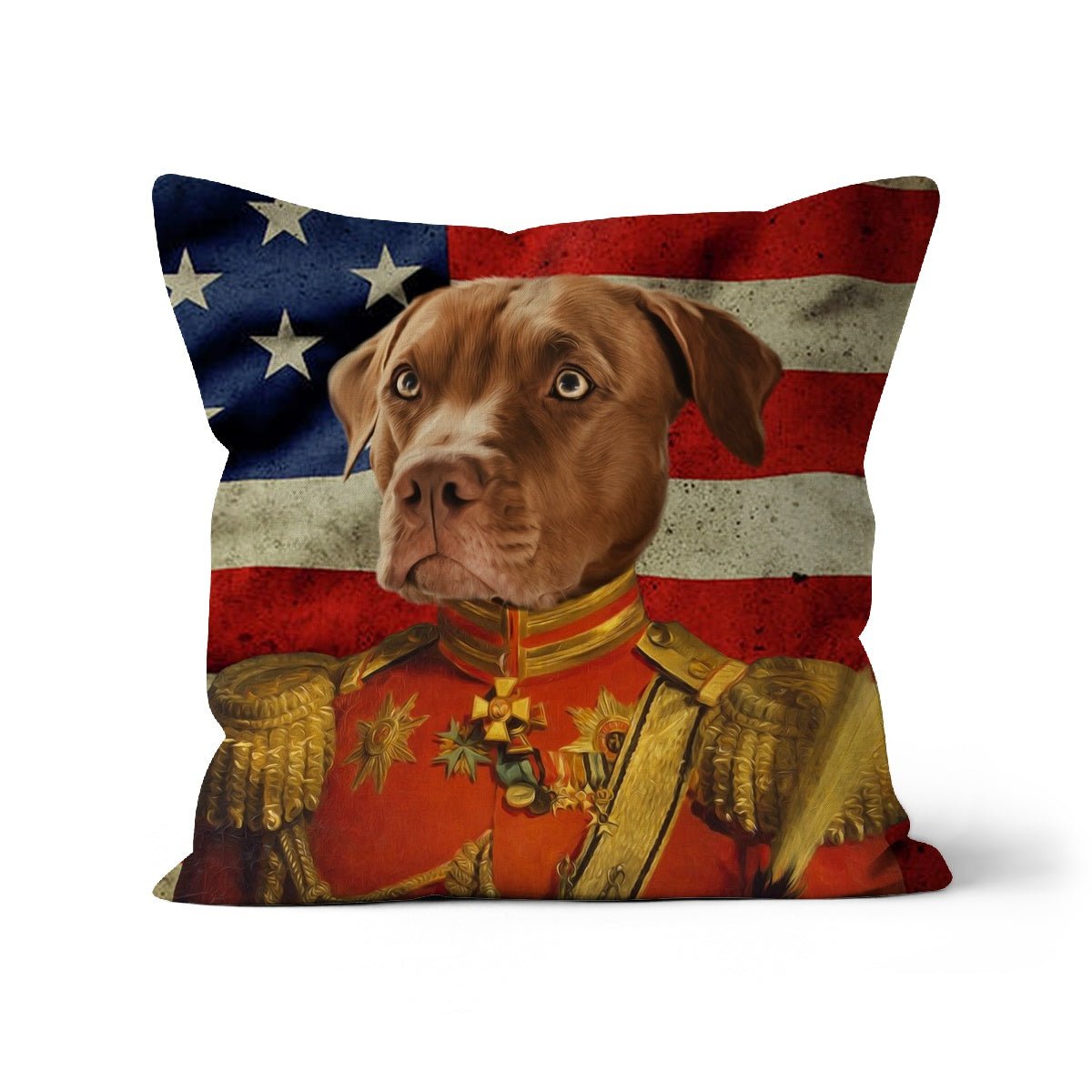 The Duke USA Flag Edition: Custom Pet Cushion - Paw & Glory - #pet portraits# - #dog portraits# - #pet portraits uk#pawandglory, pet art pillow,print pet on pillow, custom cat pillows, pet face pillow, pet print pillow, dog on pillow