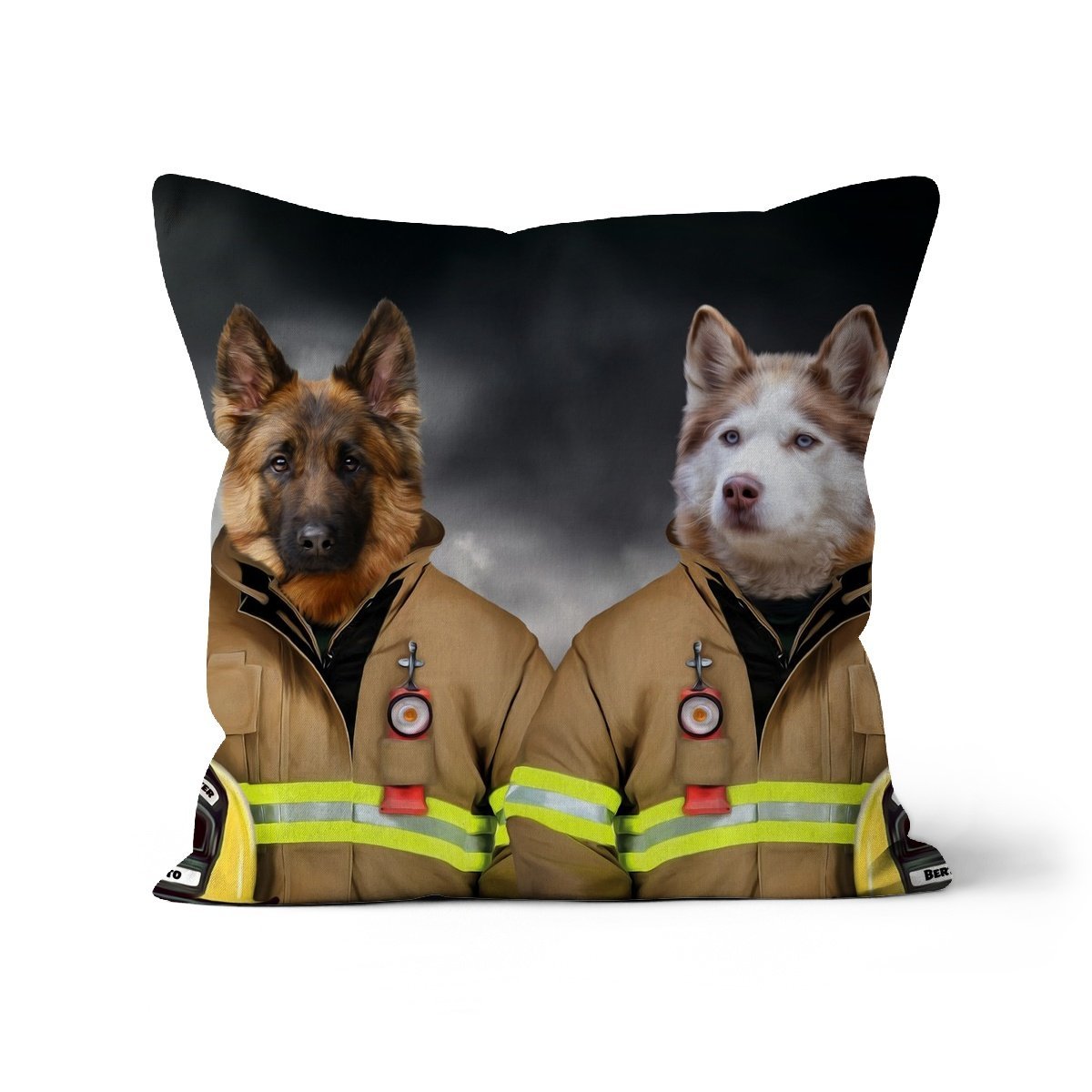 The Firemen: Custom Pet Cushion - Paw & Glory - #pet portraits# - #dog portraits# - #pet portraits uk#paw & glory, pet portraits pillow,pet print pillow, photo pet pillow, pet custom pillow, custom cat pillows, dog pillows personalized