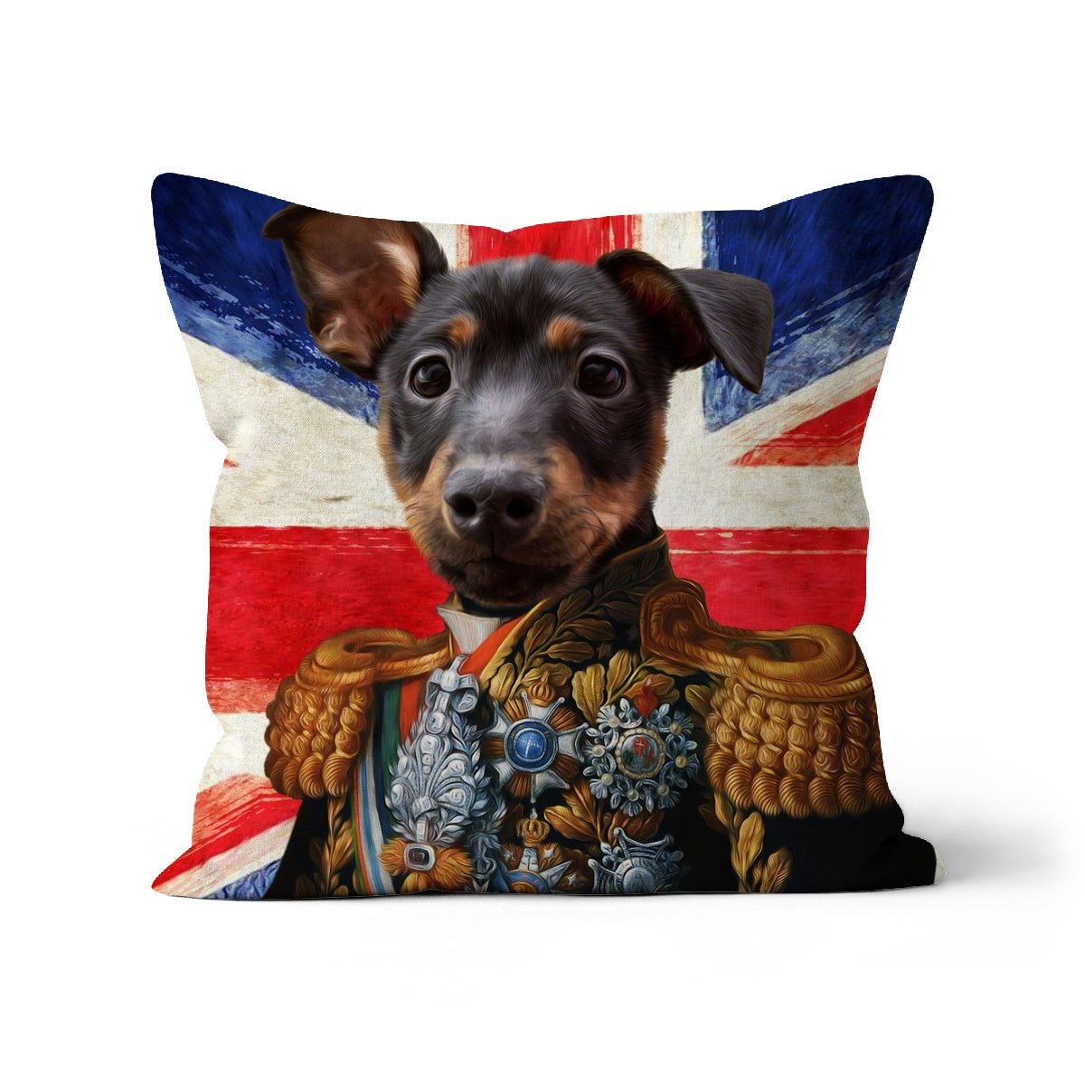The First Lieutenant British Flag Edition: Custom Pet Cushion - Paw & Glory - #pet portraits# - #dog portraits# - #pet portraits uk#paw & glory, custom pet portrait pillow,personalised cat pillow, dog shaped pillows, custom pillow cover, pillows with dogs picture, my pet pillow
