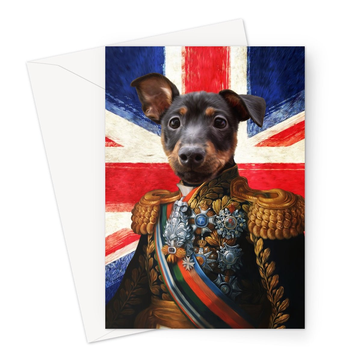 The First Lieutenant British Flag Edition: Custom Pet Greeting Card - Paw & Glory - pawandglory, dog portraits admiral, pet portrait admiral, admiral dog portrait, dog and couple portrait, dog portrait painting, original pet portraits, pet portrait