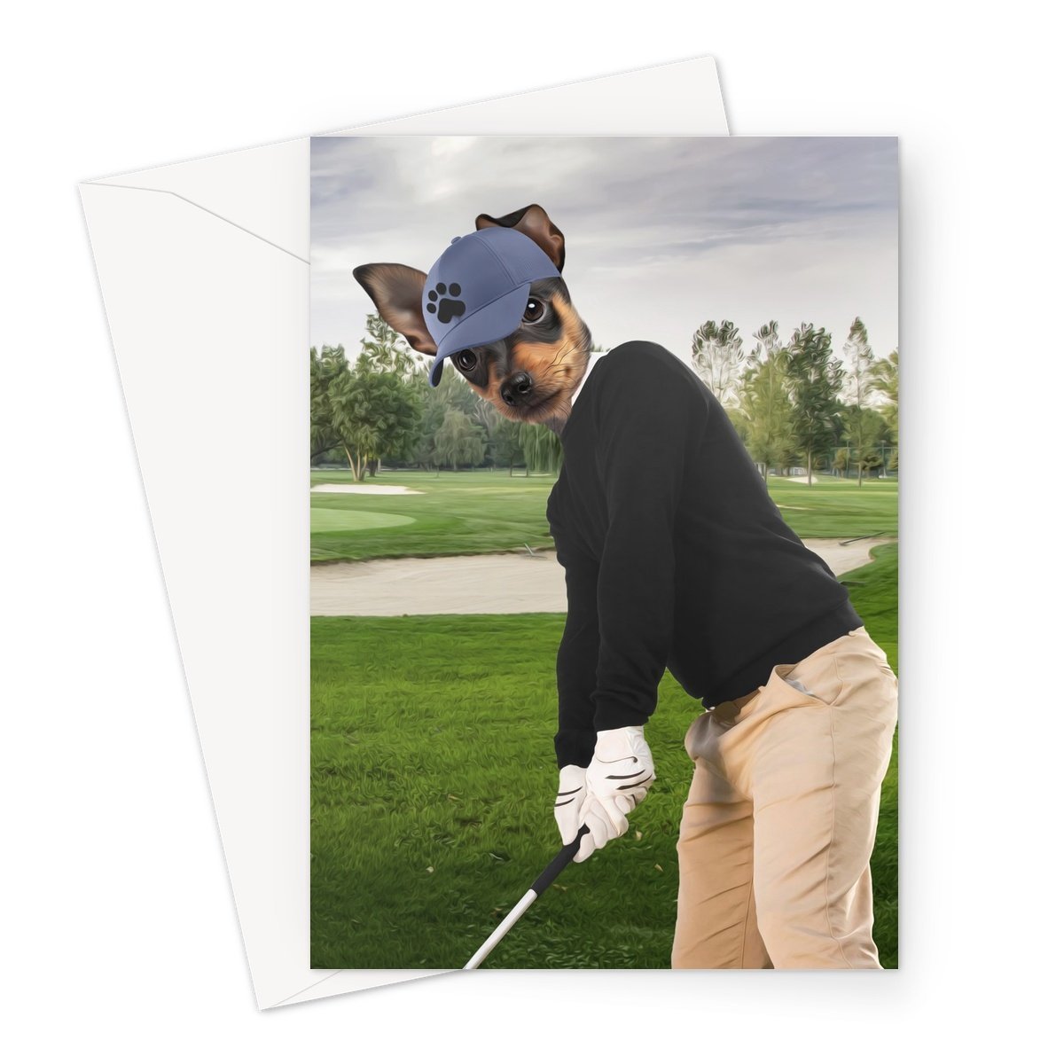 The Golfer: Custom Pet Greeting Card - Paw & Glory - #pet portraits# - #dog portraits# - #pet portraits uk#turn pet photos to art, pet artwork, dog paintings from photos, pet painting, personalized pet picture frames, Pet portraits, Purr and mutt