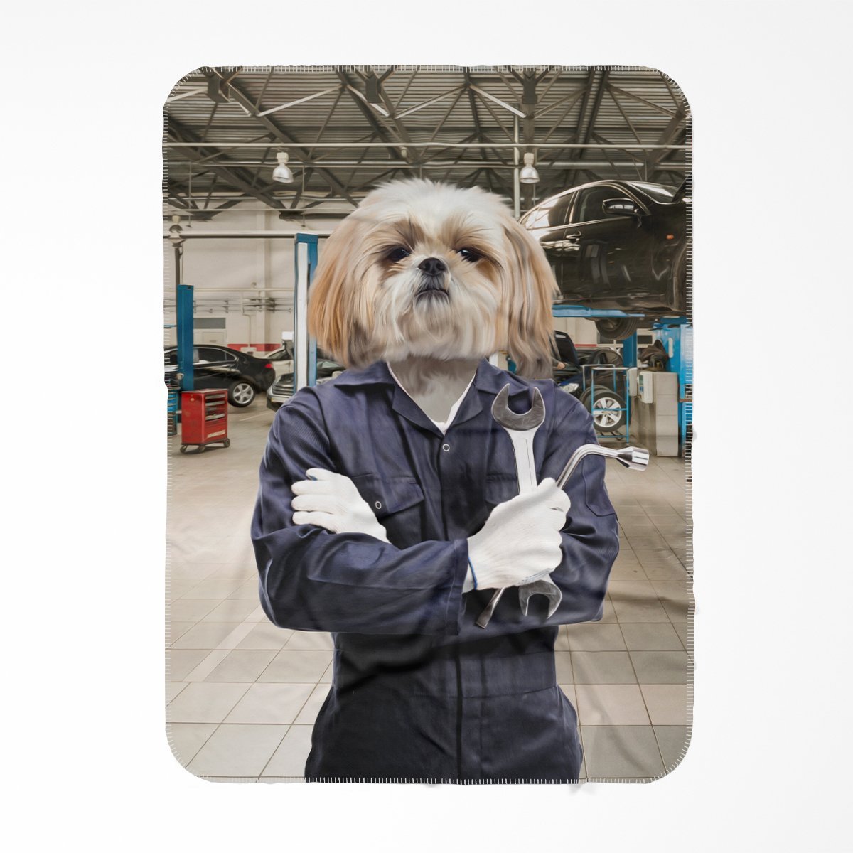The Mechanic: Custom Pet Blanket - Paw & Glory - #pet portraits# - #dog portraits# - #pet portraits uk#Paw and glory, Pet portraits blanket,dog head blanket, turn pet photos to art dog photo art, paw prints gifts, pet photo studio
