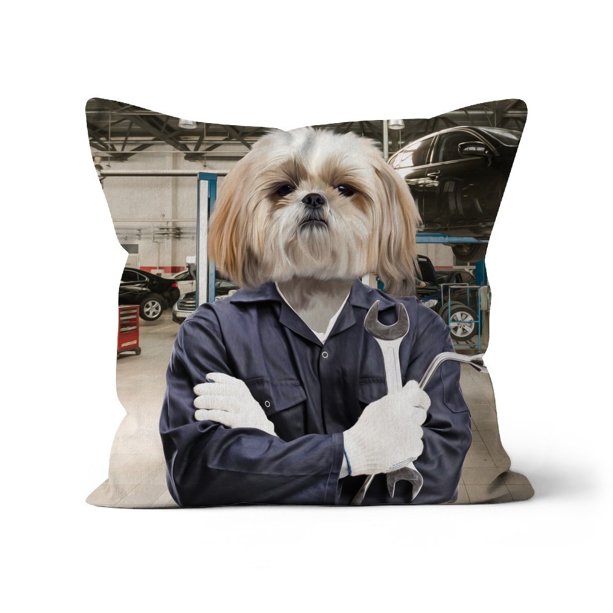 The Mechanic: Custom Pet Cushion - Paw & Glory - #pet portraits# - #dog portraits# - #pet portraits uk#paw and glory, pet portraits cushion,pet face pillows, pillow personalized, dog personalized pillow, pillow with pet picture, dog pillows personalized